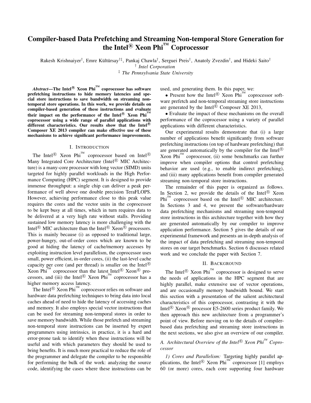 Compiler-Based Data Prefetching and Streaming Non-Temporal Store Generation for the Intel R Xeon Phitm Coprocessor