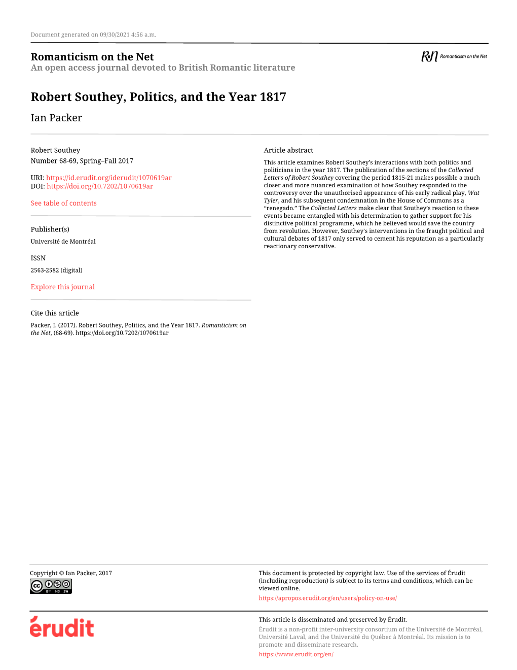 Robert Southey, Politics, and the Year 1817 Ian Packer