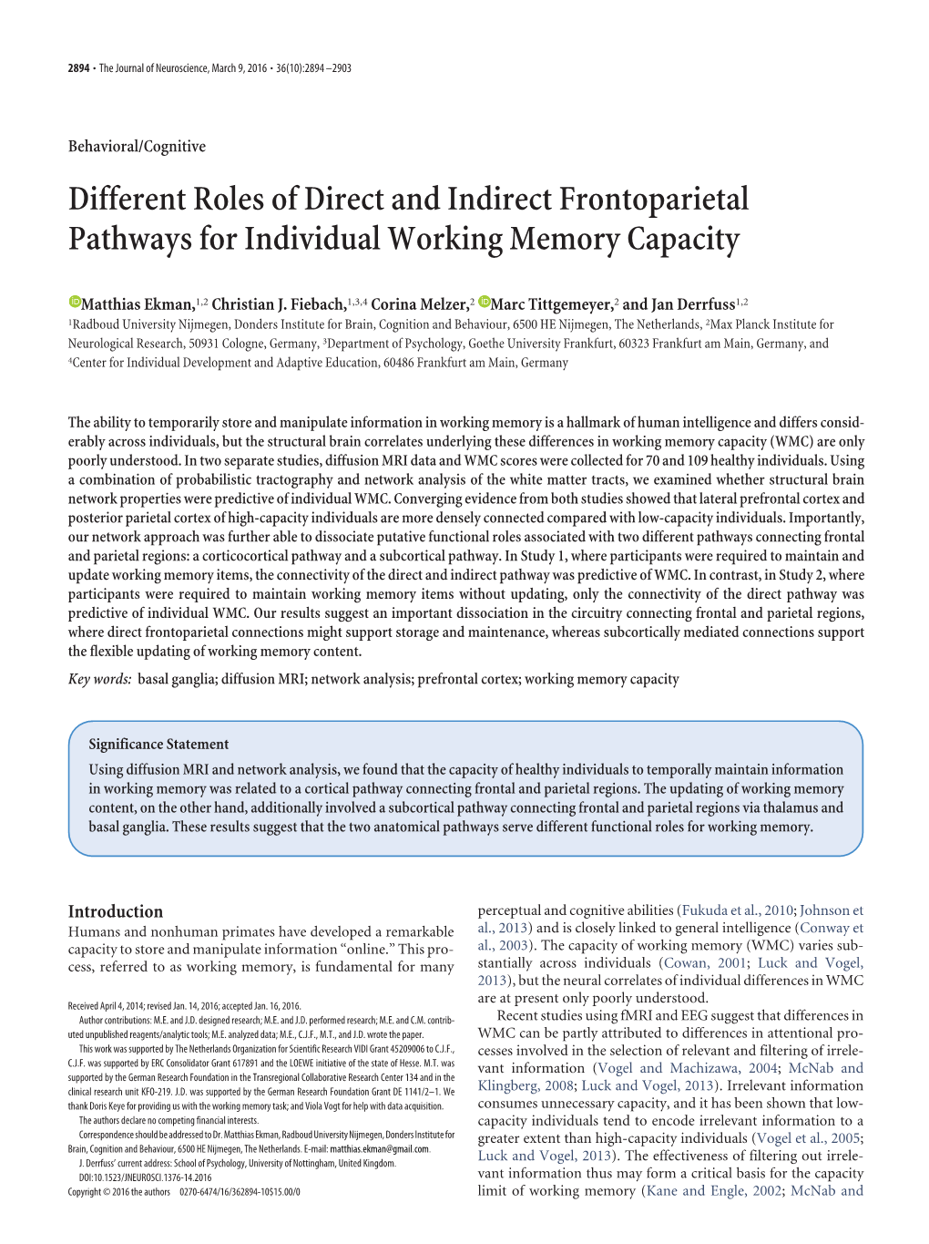 Different Roles of Direct and Indirect Frontoparietal Pathways for Individual Working Memory Capacity