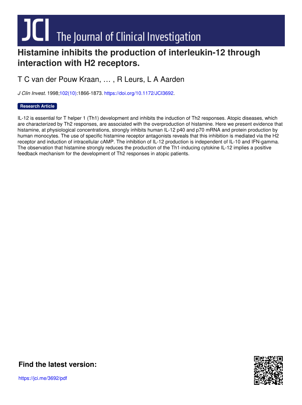 Histamine Inhibits the Production of Interleukin-12 Through Interaction with H2 Receptors