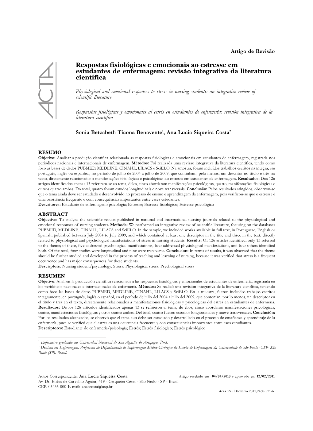 Physiological and Emotional Responses to Stress in Nursing Students: an Integrative Review of Scientific Literature