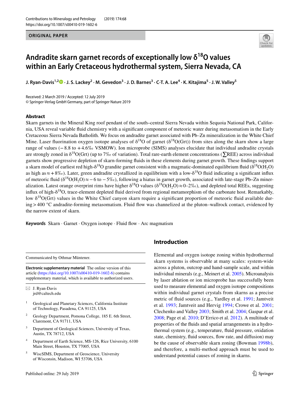 Andradite Skarn Garnet Records of Exceptionally Low Δ18o Values Within an Early Cretaceous Hydrothermal System, Sierra Nevada, CA