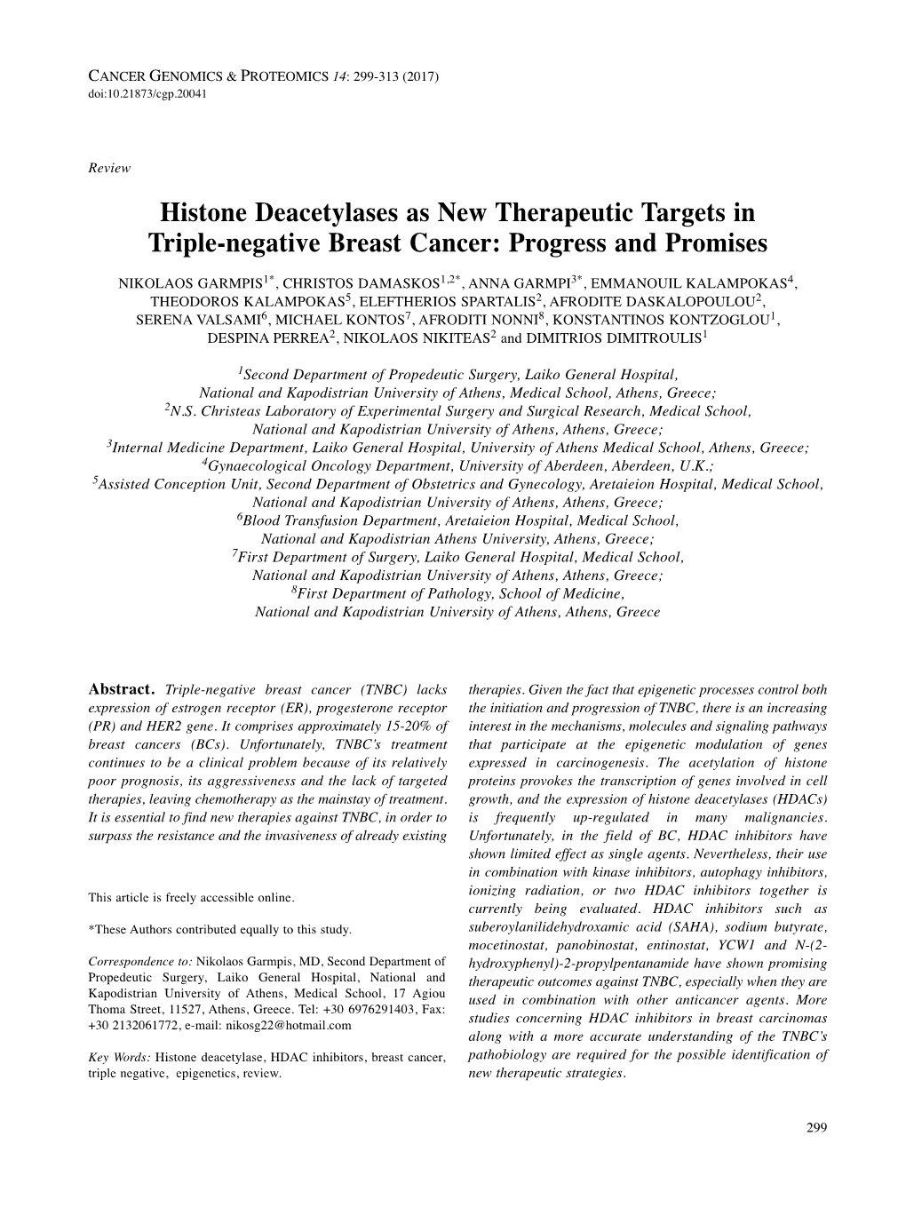 Histone Deacetylases As New Therapeutic Targets in Triple-Negative Breast Cancer