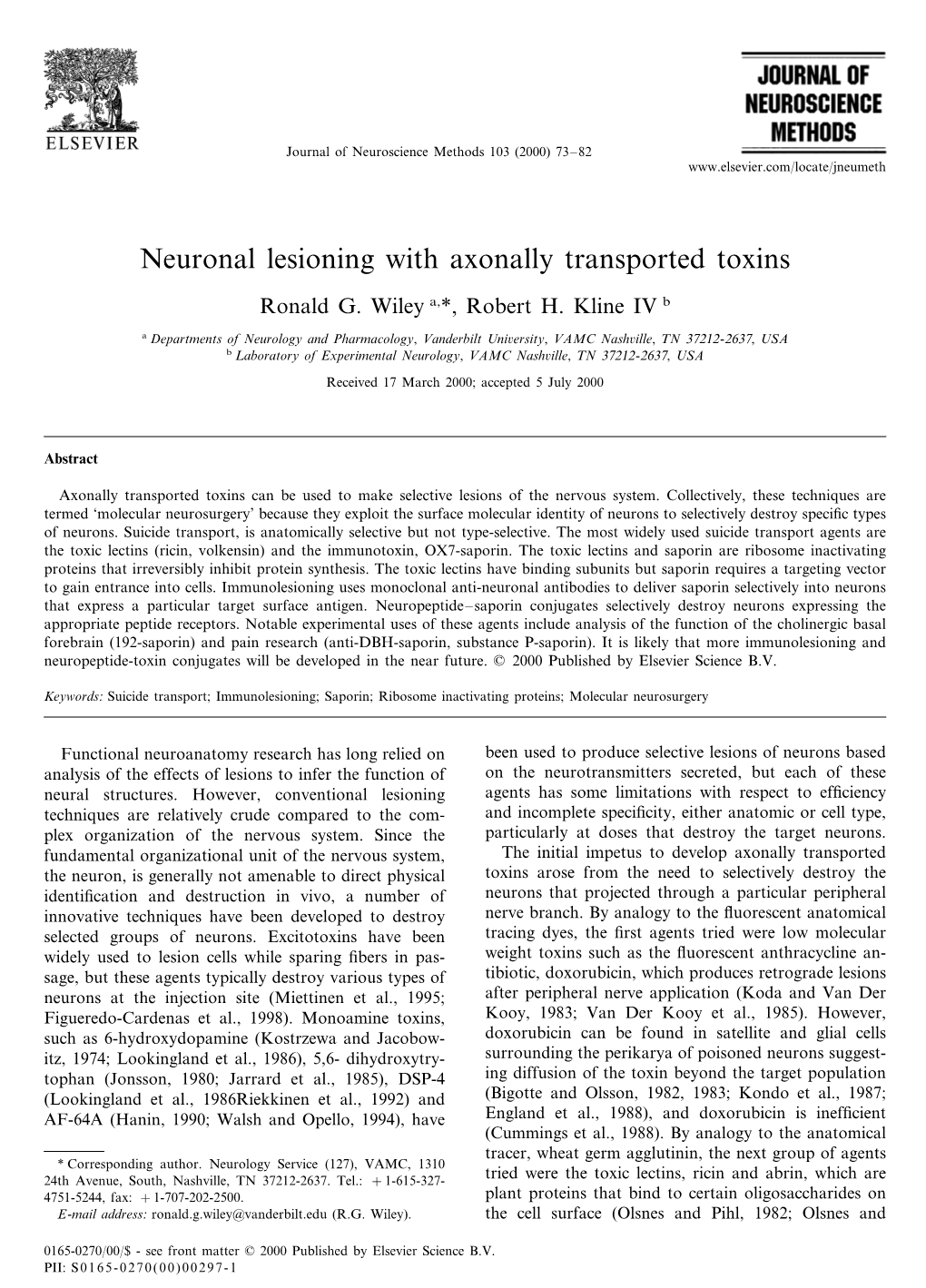 Neuronal Lesioning with Axonally Transported Toxins