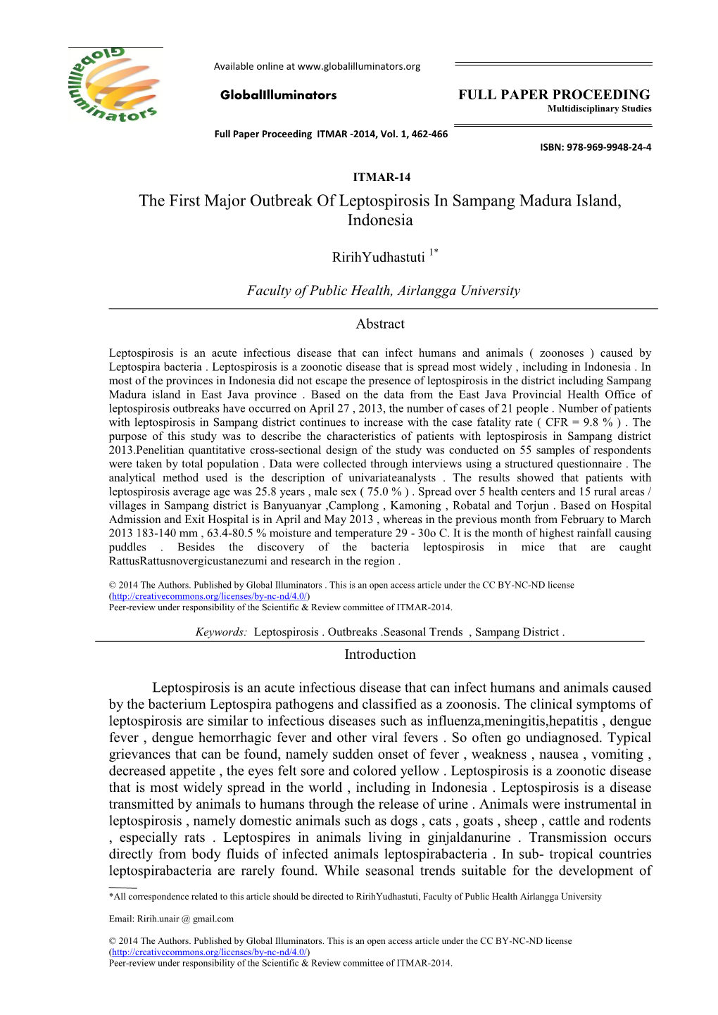 The First Major Outbreak of Leptospirosis in Sampang Madura Island, Indonesia