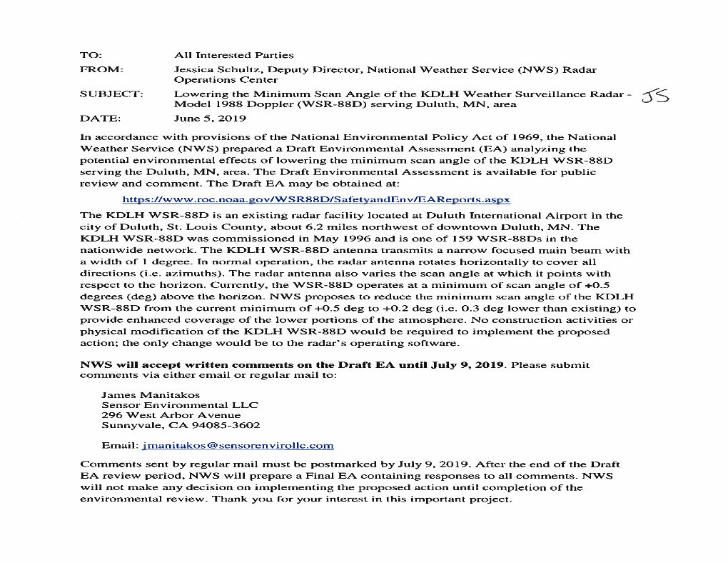 KDLH WSR-88D Lower Scan Draft EA 20190606.Pdf