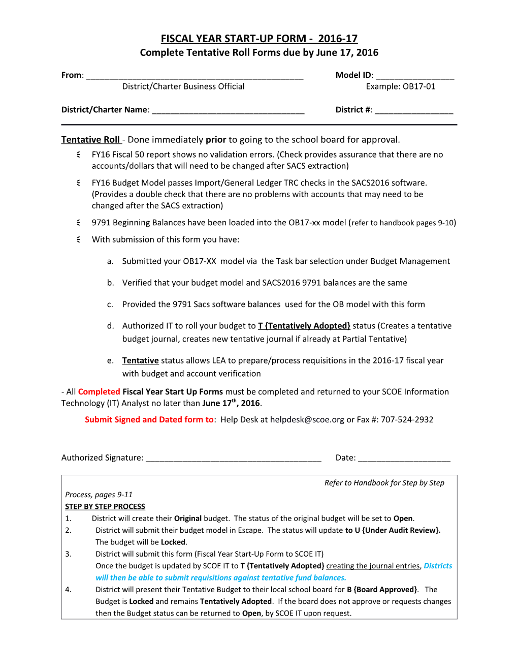 Fiscal Year Start-Up Form - 2016-17