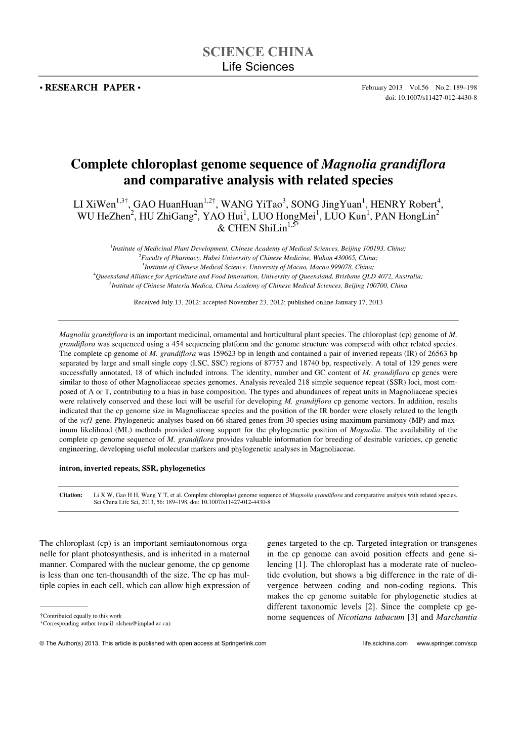 SCIENCE CHINA Complete Chloroplast Genome Sequence Of