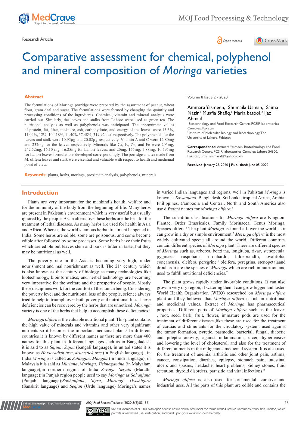 Comparative Assessment for Chemical, Polyphenol and Mineral Composition of Moringa Varieties