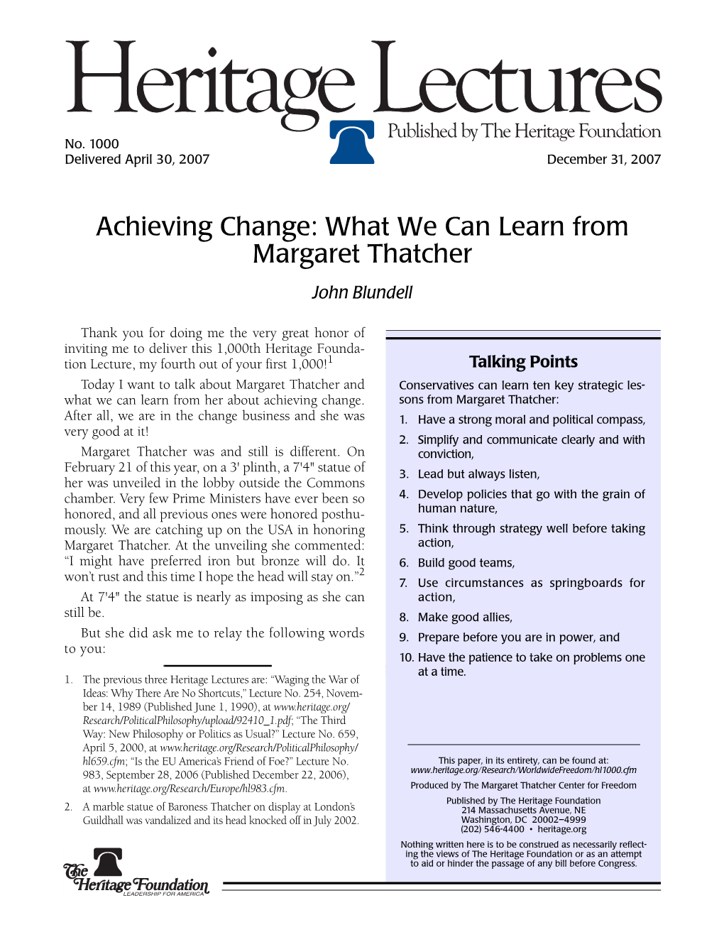 Achieving Change: What We Can Learn from Margaret Thatcher John Blundell