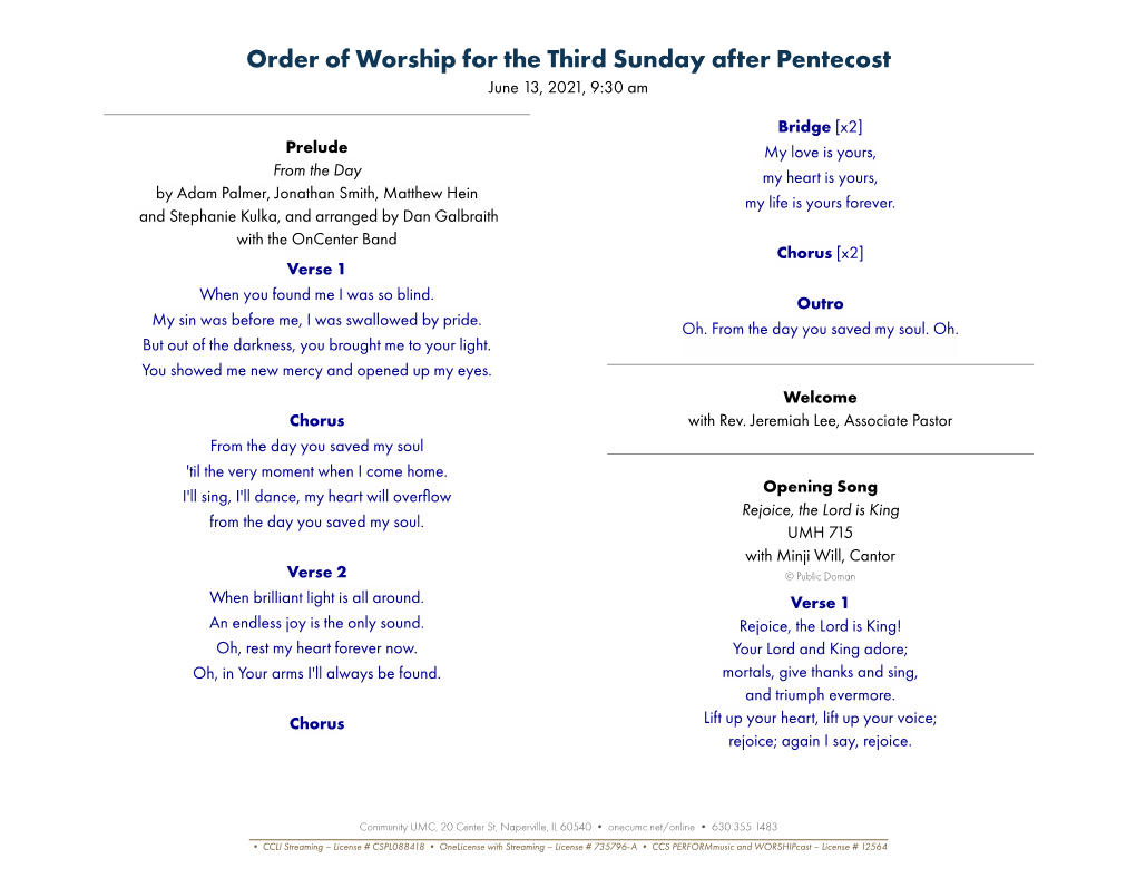 Order of Worship for the Third Sunday After Pentecost June 13, 2021, 9:30 Am