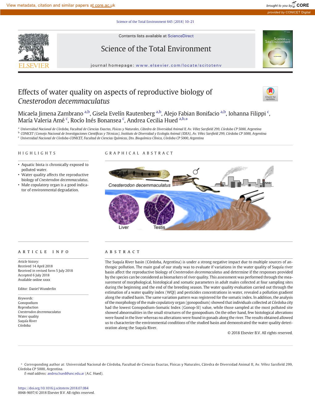 Effects of Water Quality on Aspects of Reproductive Biology of Cnesterodon Decemmaculatus