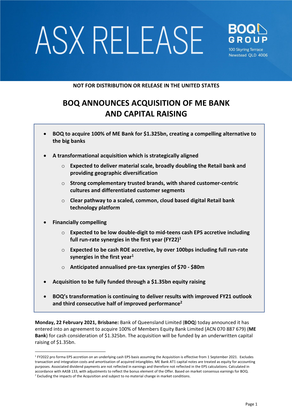 Boq Announces Acquisition of Me Bank and Capital Raising