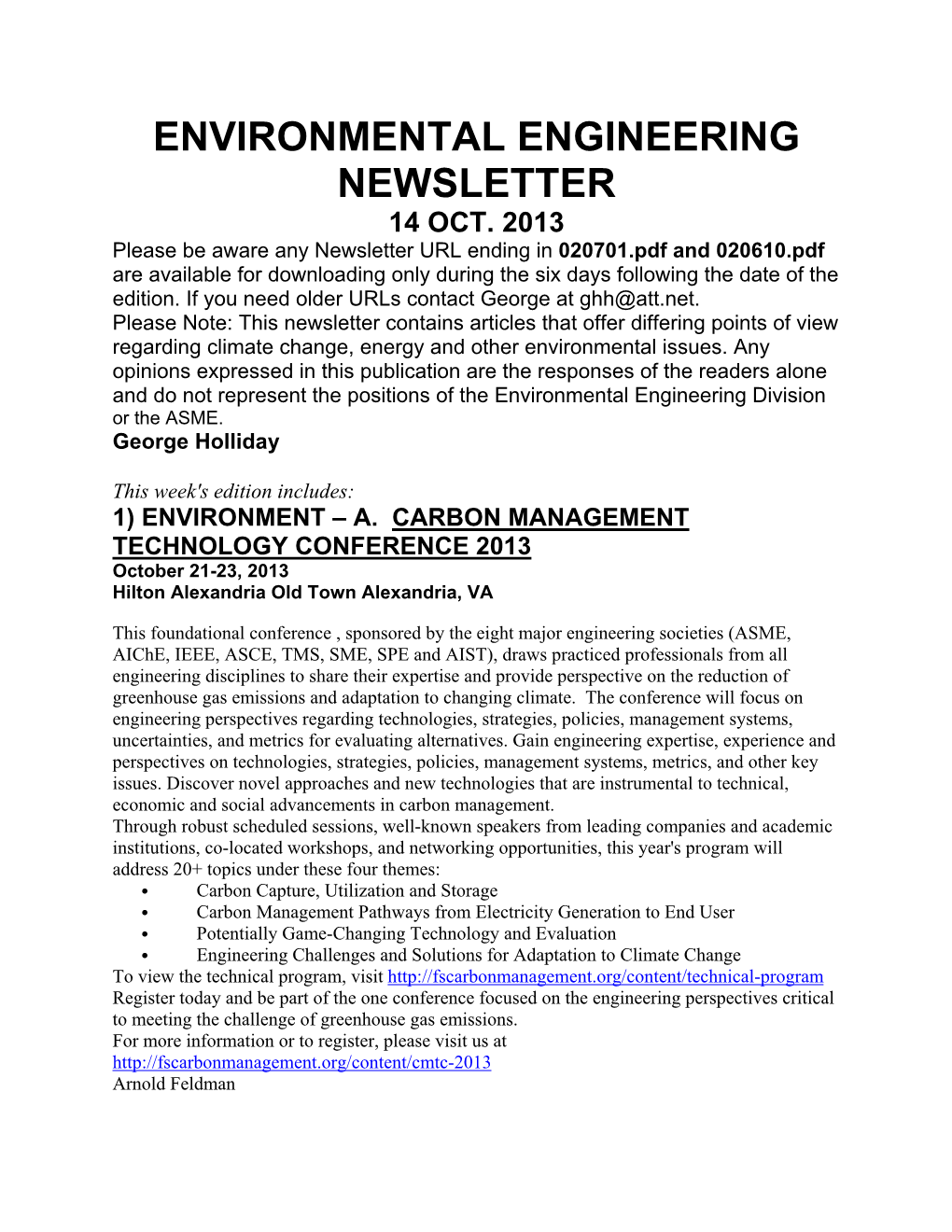 Environmental Engineering Newsletter 14 Oct