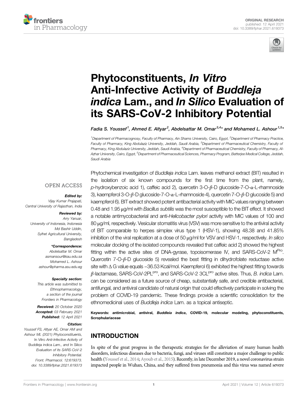 Phytoconstituents, in Vitro Anti-Infective Activity of Buddleja Indica Lam., and in Silico Evaluation of Its SARS-Cov-2 Inhibitory Potential