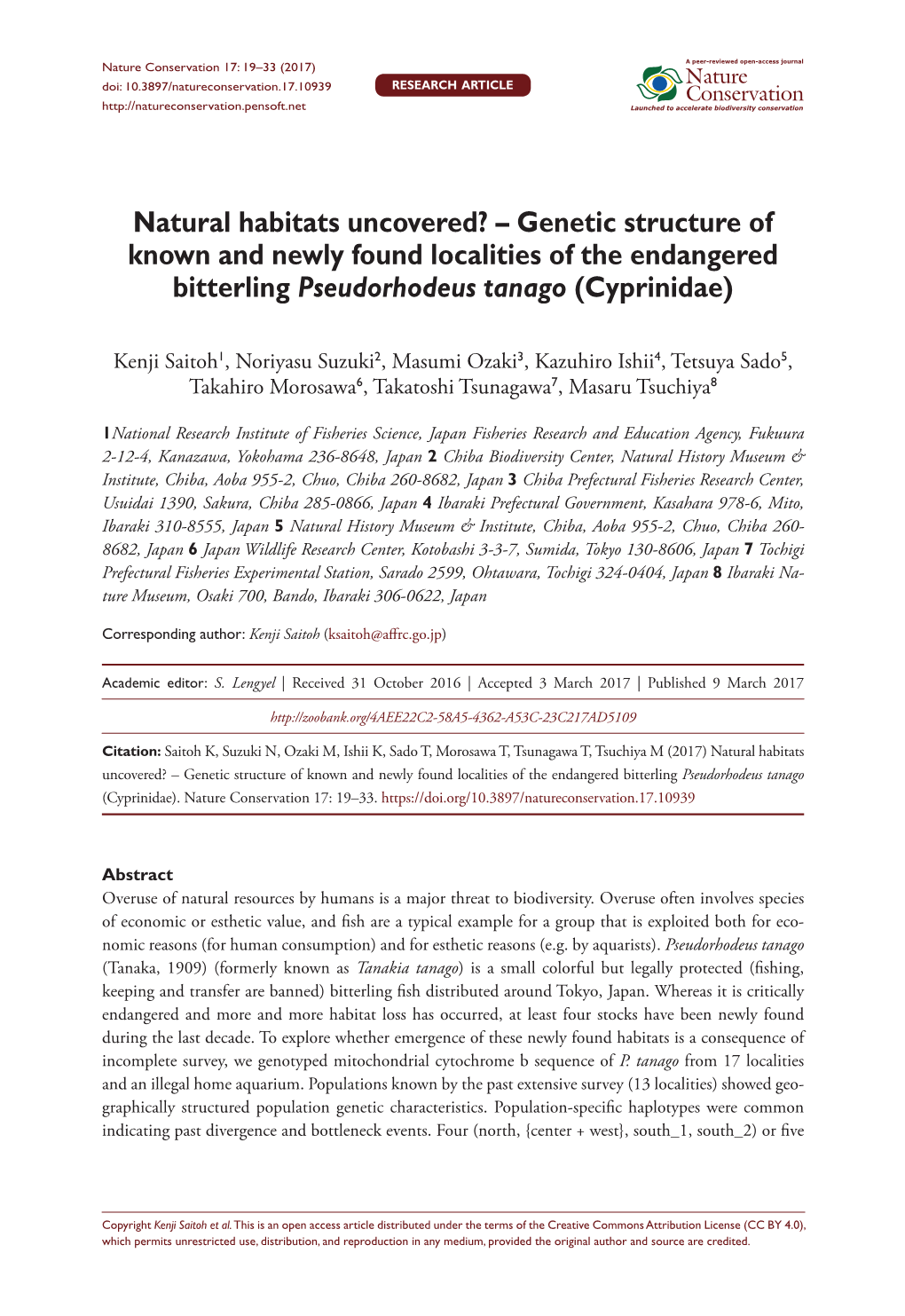 Natural Habitats Uncovered? – Genetic Structure of Known and Newly Found Localities of the Endangered Bitterling Pseudorhodeus Tanago (Cyprinidae)