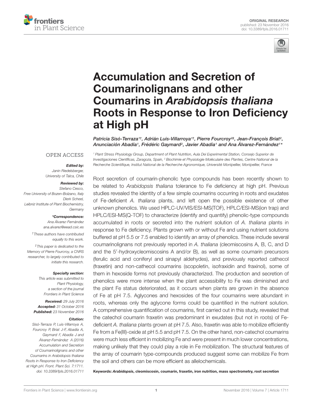 Accumulation and Secretion of Coumarinolignans and Other Coumarins in Arabidopsis Thaliana Roots in Response to Iron Deﬁciency at High Ph