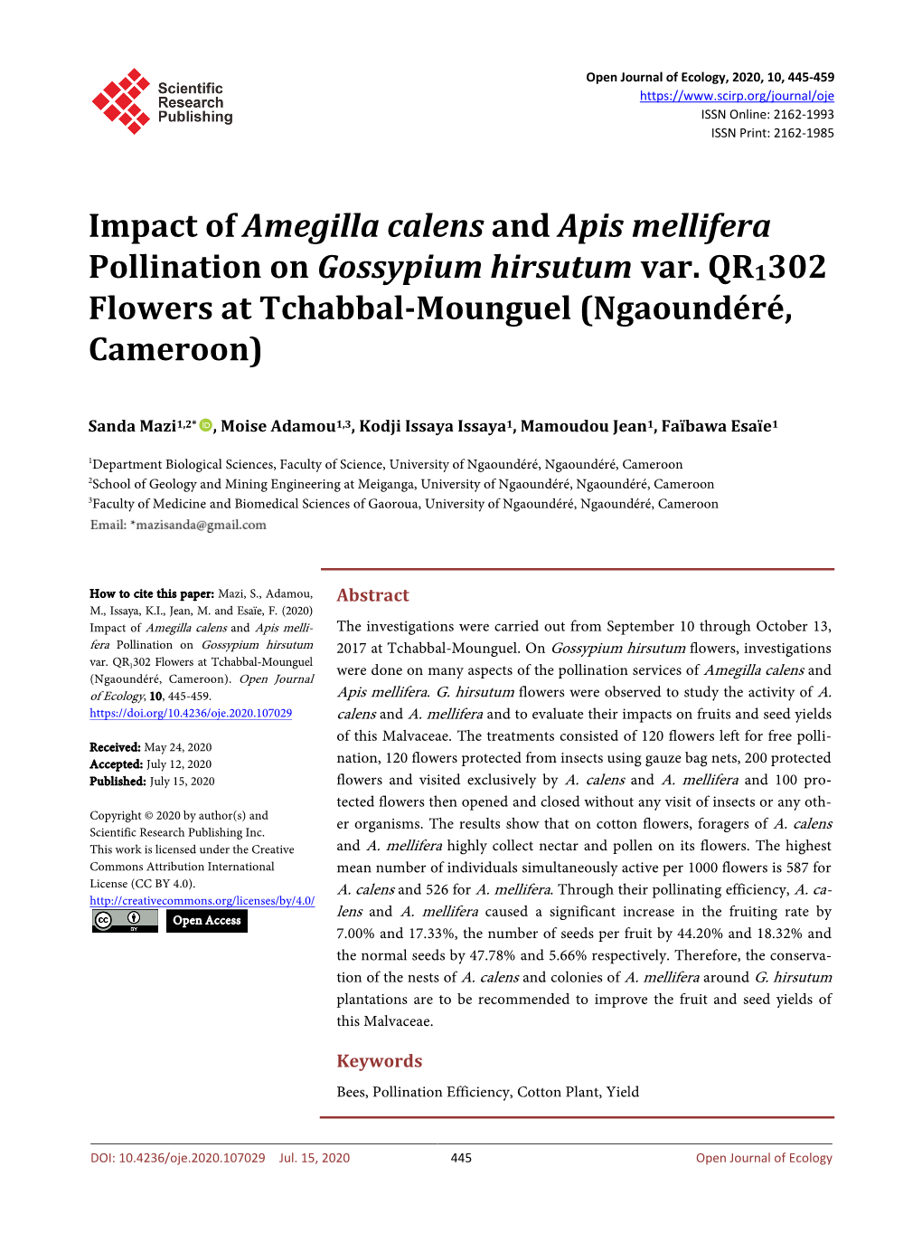 Impact of Amegilla Calens and Apis Mellifera Pollination on Gossypium Hirsutum Var