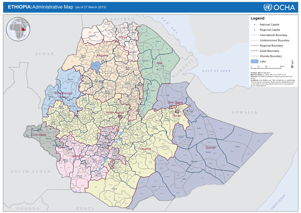 Ethiopia Administrative Map As of 2013