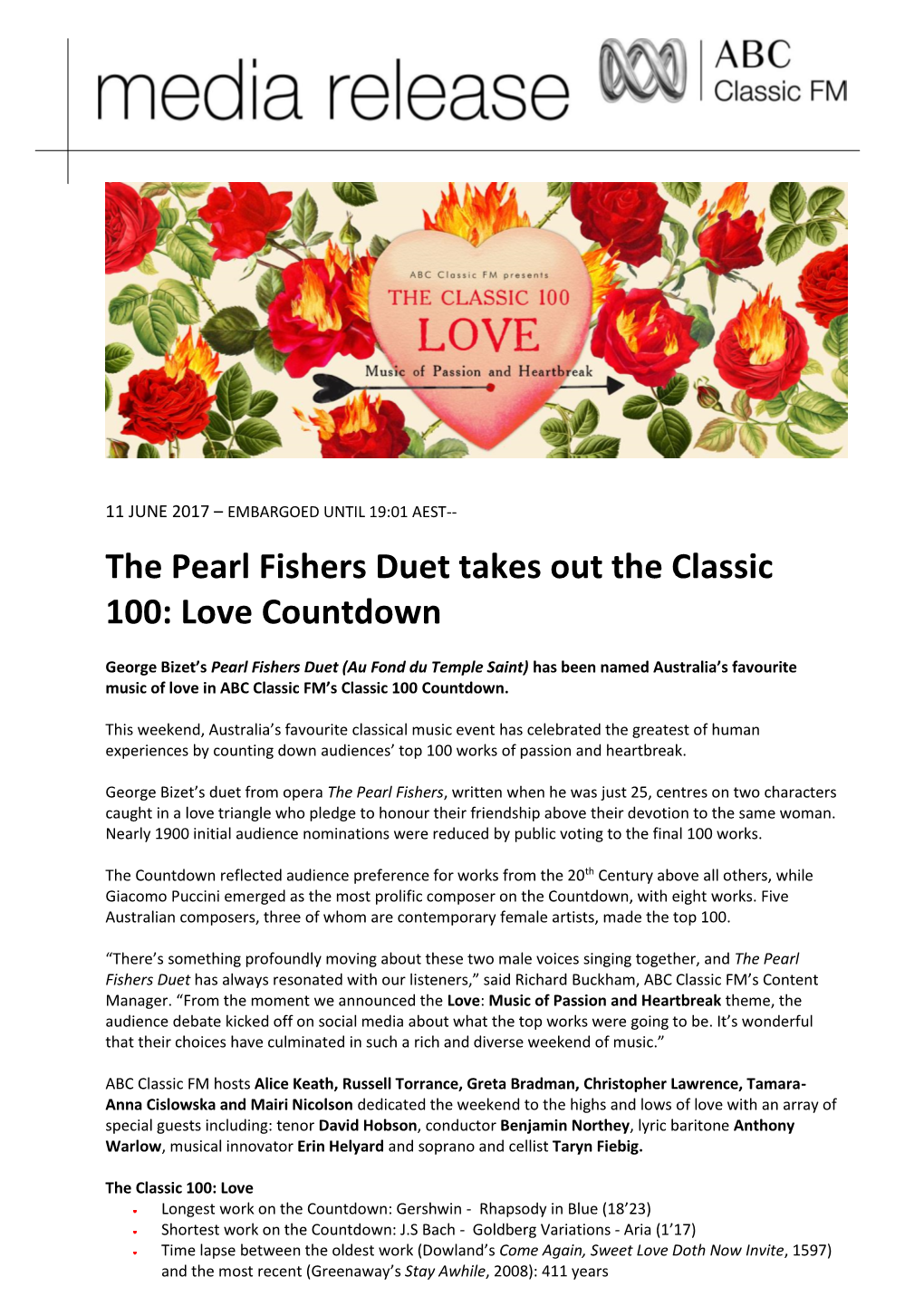 The Pearl Fishers Duet Takes out the Classic 100: Love Countdown