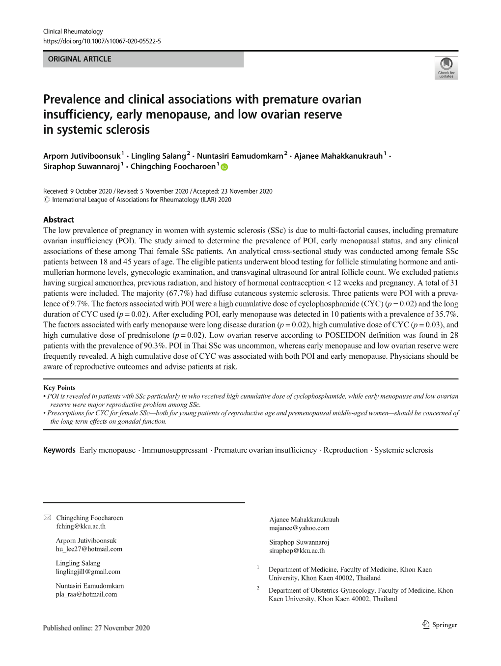 Prevalence and Clinical Associations with Premature Ovarian Insufficiency, Early Menopause, and Low Ovarian Reserve in Systemic Sclerosis