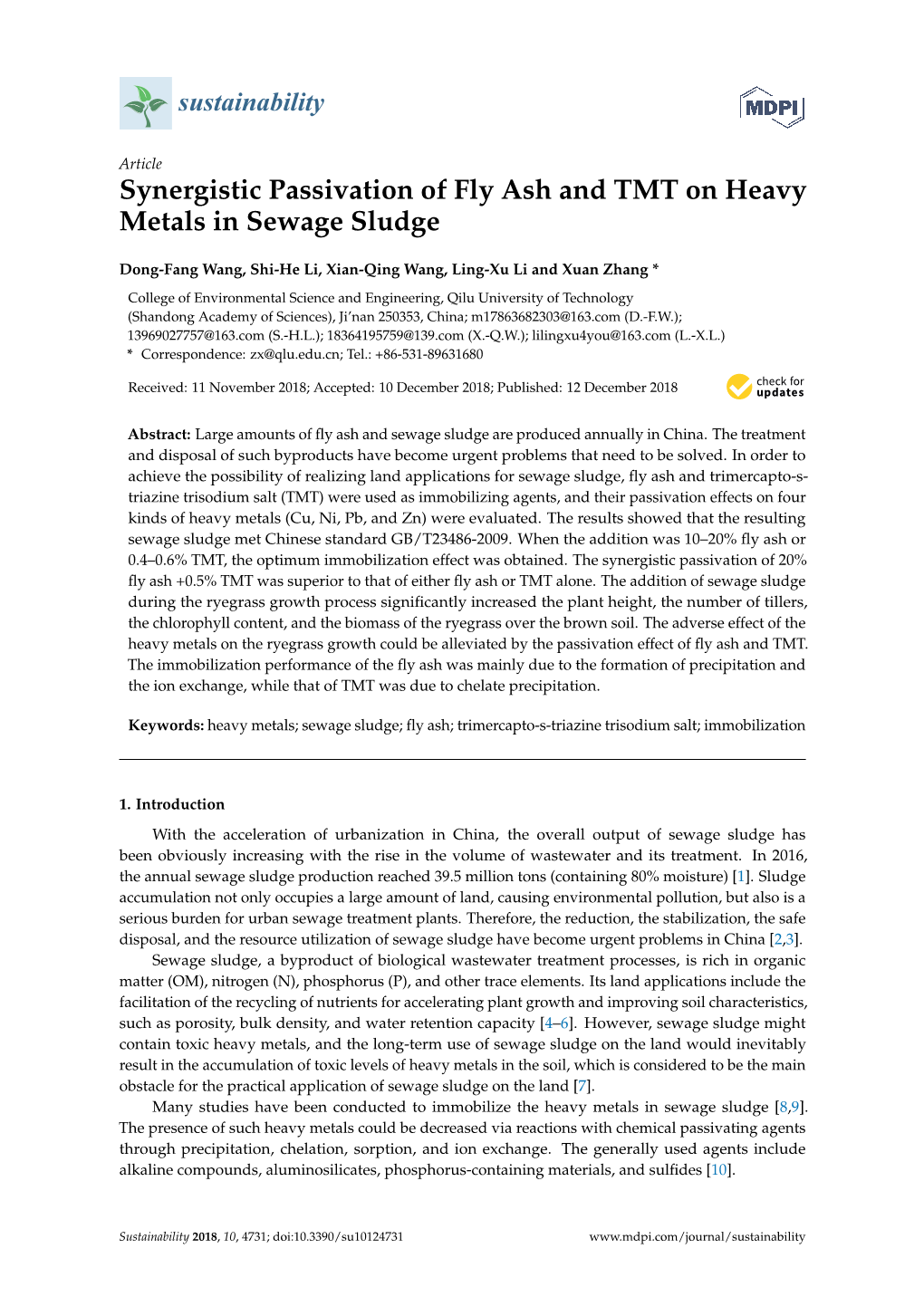 Synergistic Passivation of Fly Ash and TMT on Heavy Metals in Sewage Sludge