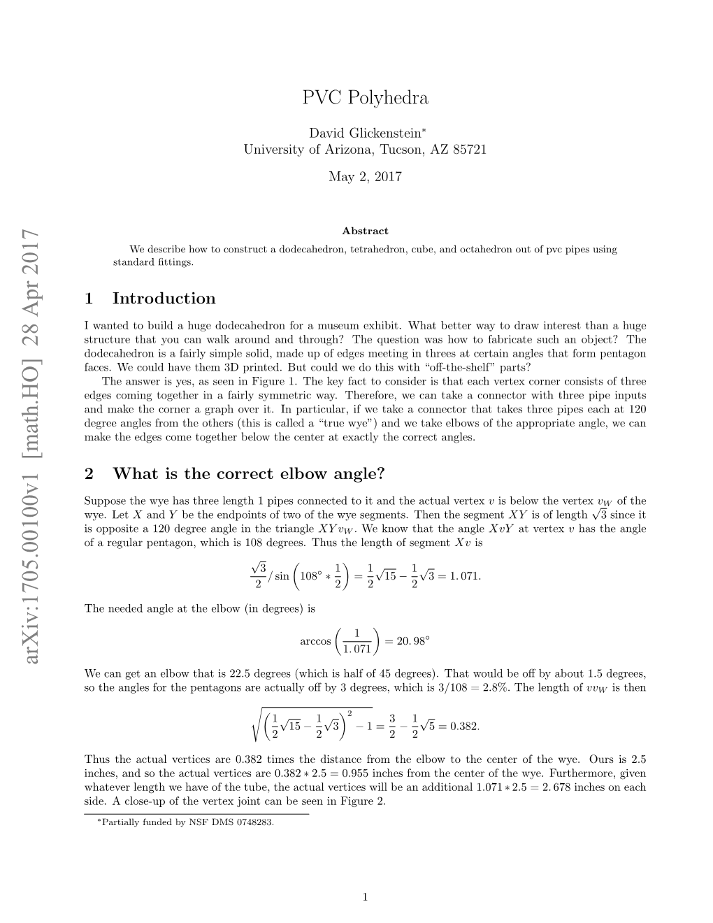 Arxiv:1705.00100V1 [Math.HO] 28 Apr 2017 We Can Get an Elbow That Is 22.5 Degrees (Which Is Half of 45 Degrees)