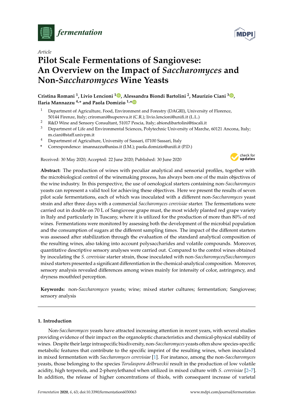 Pilot Scale Fermentations of Sangiovese: an Overview on the Impact of Saccharomyces and Non-Saccharomyces Wine Yeasts