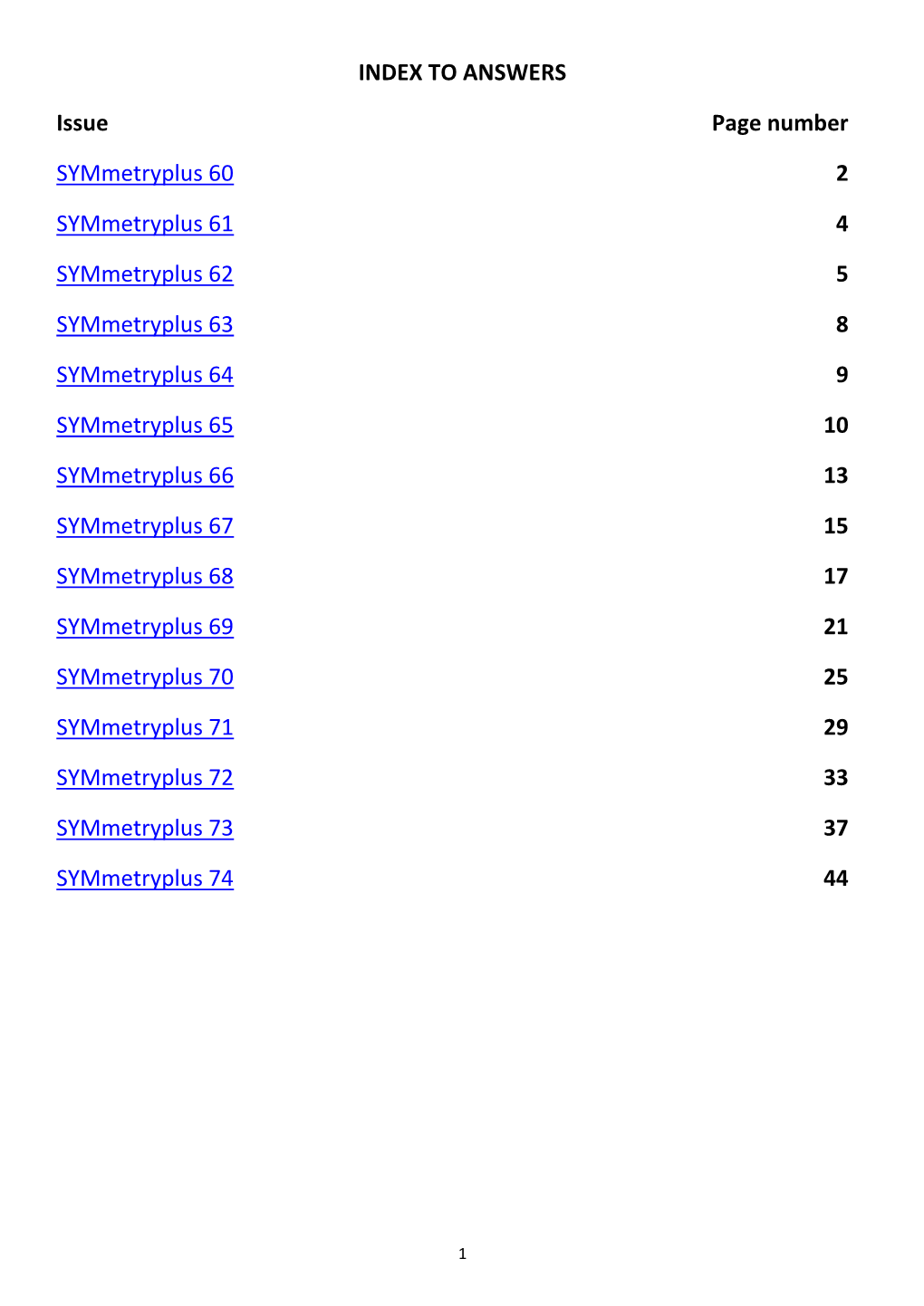 INDEX to ANSWERS Issue Page Number Symmetryplus 60 2