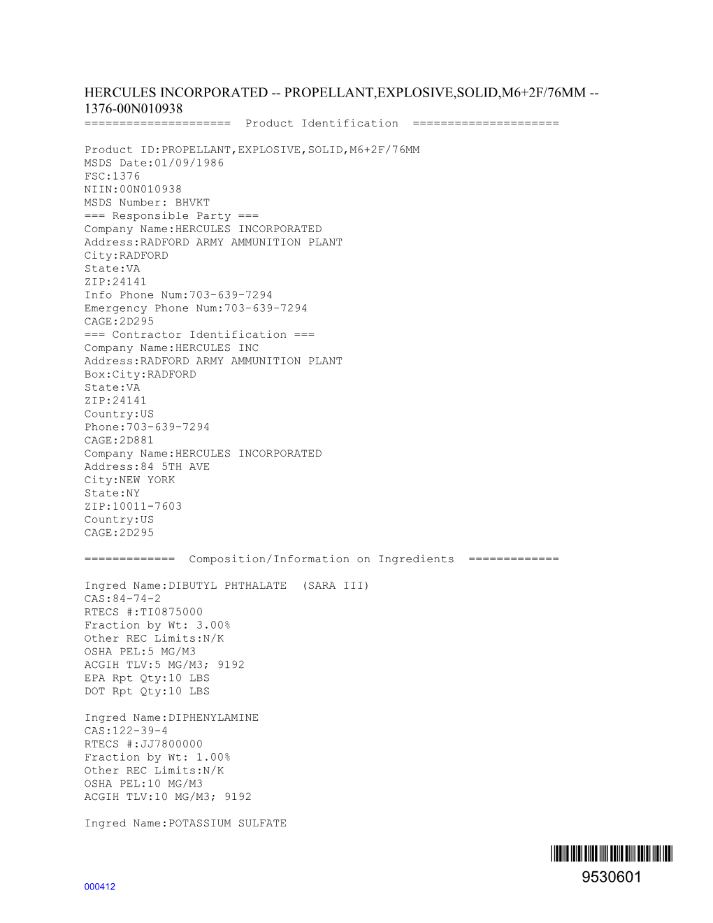 Material Safety Data Sheet for Explosive M6 Propellant