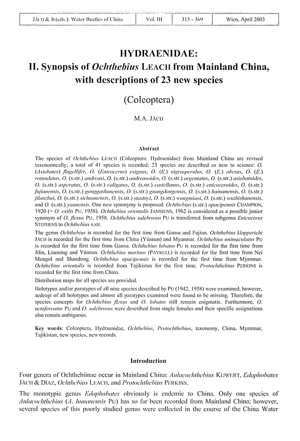 II. Synopsis of Ochthebius LEACH from Mainland China, with Descriptions of 23 New Species