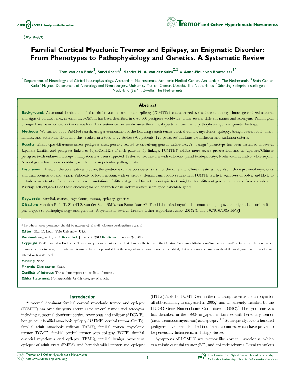 Reviews Familial Cortical Myoclonic Tremor and Epilepsy, an Enigmatic Disorder: from Phenotypes to Pathophysiology and Genetics