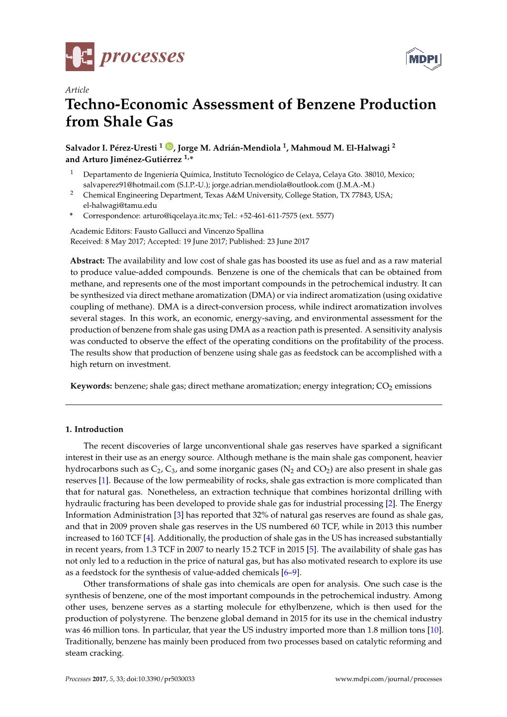 Techno-Economic Assessment of Benzene Production from Shale Gas