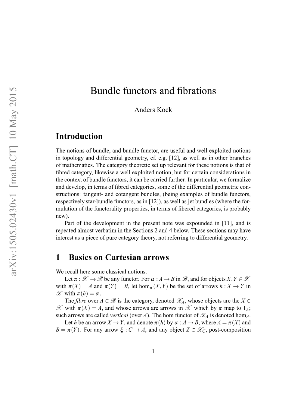 Arxiv:1505.02430V1 [Math.CT] 10 May 2015 Bundle Functors and Fibrations