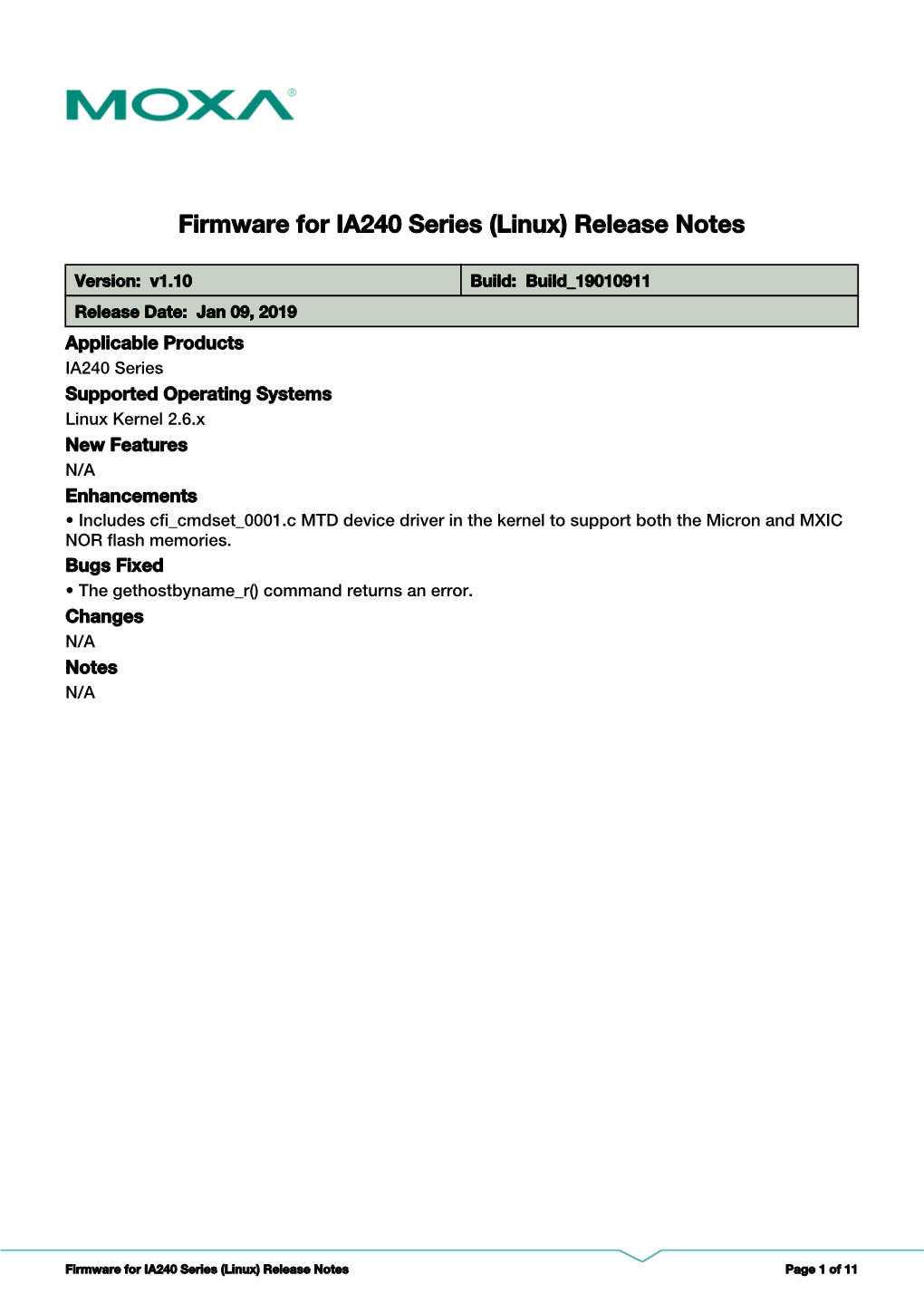 Firmware for IA240 Series (Linux) Release Notes