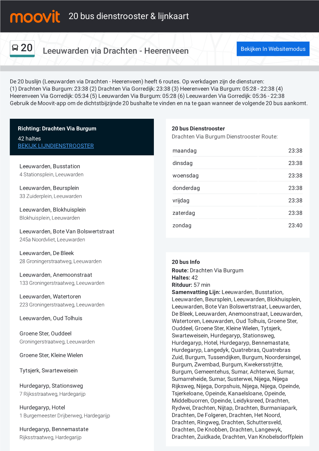 20 Bus Dienstrooster & Lijnroutekaart