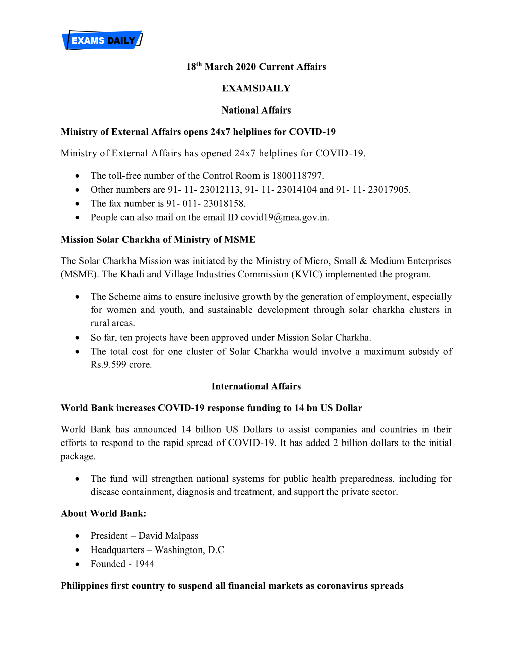 18Th March 2020 Current Affairs EXAMSDAILY National Affairs Ministry of External Affairs Opens 24X7 Helplines for COVID-19 Minis