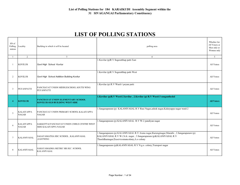 List of Polling Stations for 184 KARAIKUDI Assembly Segment Within the 31 SIVAGANGAI Parliamentary Constituency