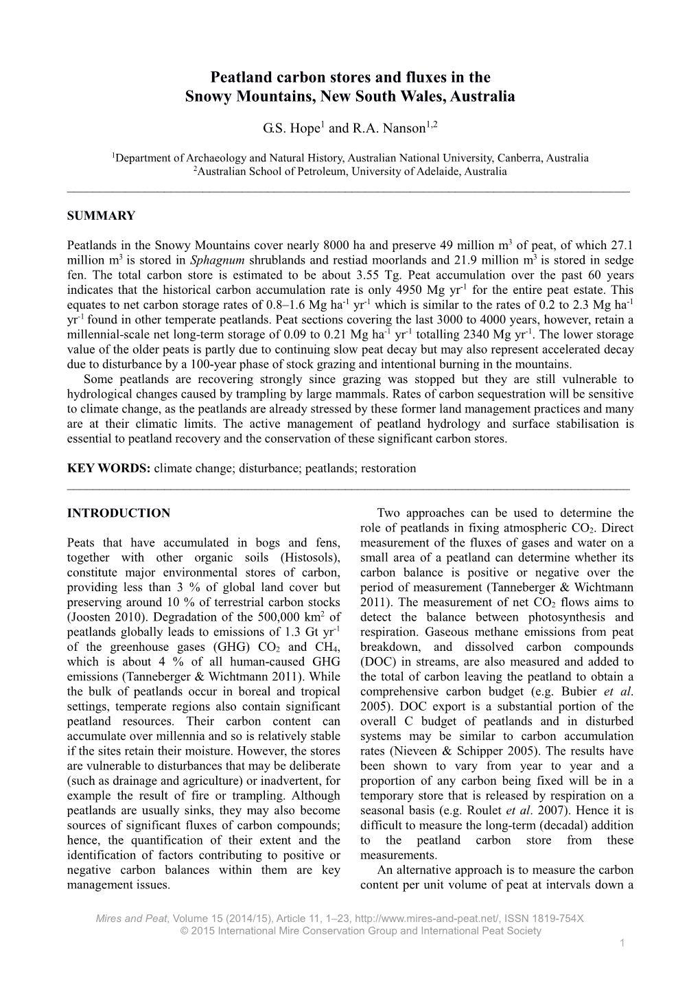 Peatland Carbon Stores and Fluxes in the Snowy Mountains, New South Wales, Australia