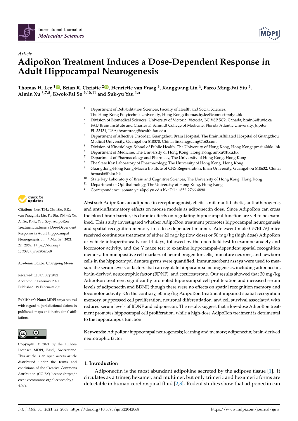 Adiporon Treatment Induces a Dose-Dependent Response in Adult Hippocampal Neurogenesis