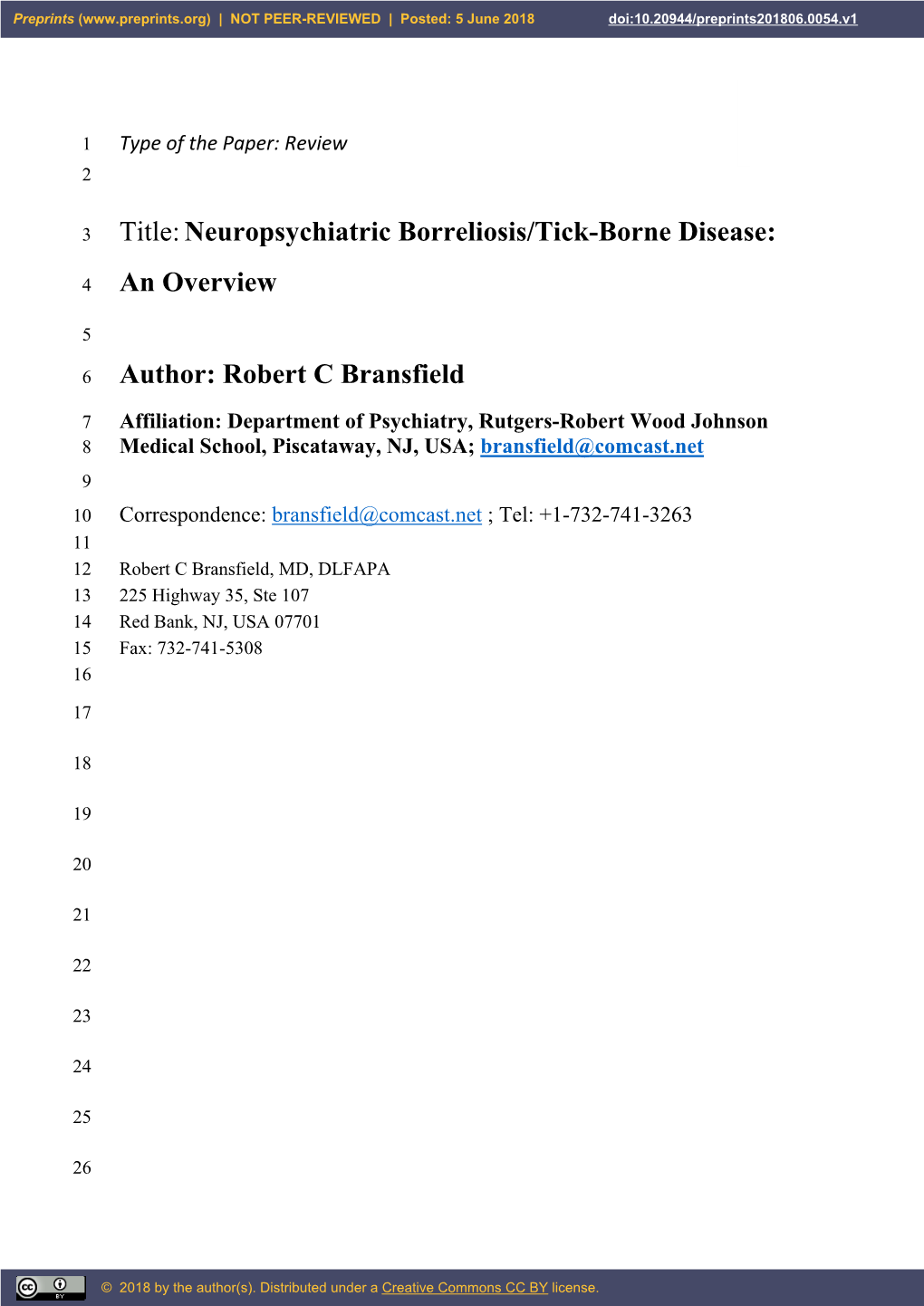 Title:Neuropsychiatric Borreliosis/Tick-Borne Disease