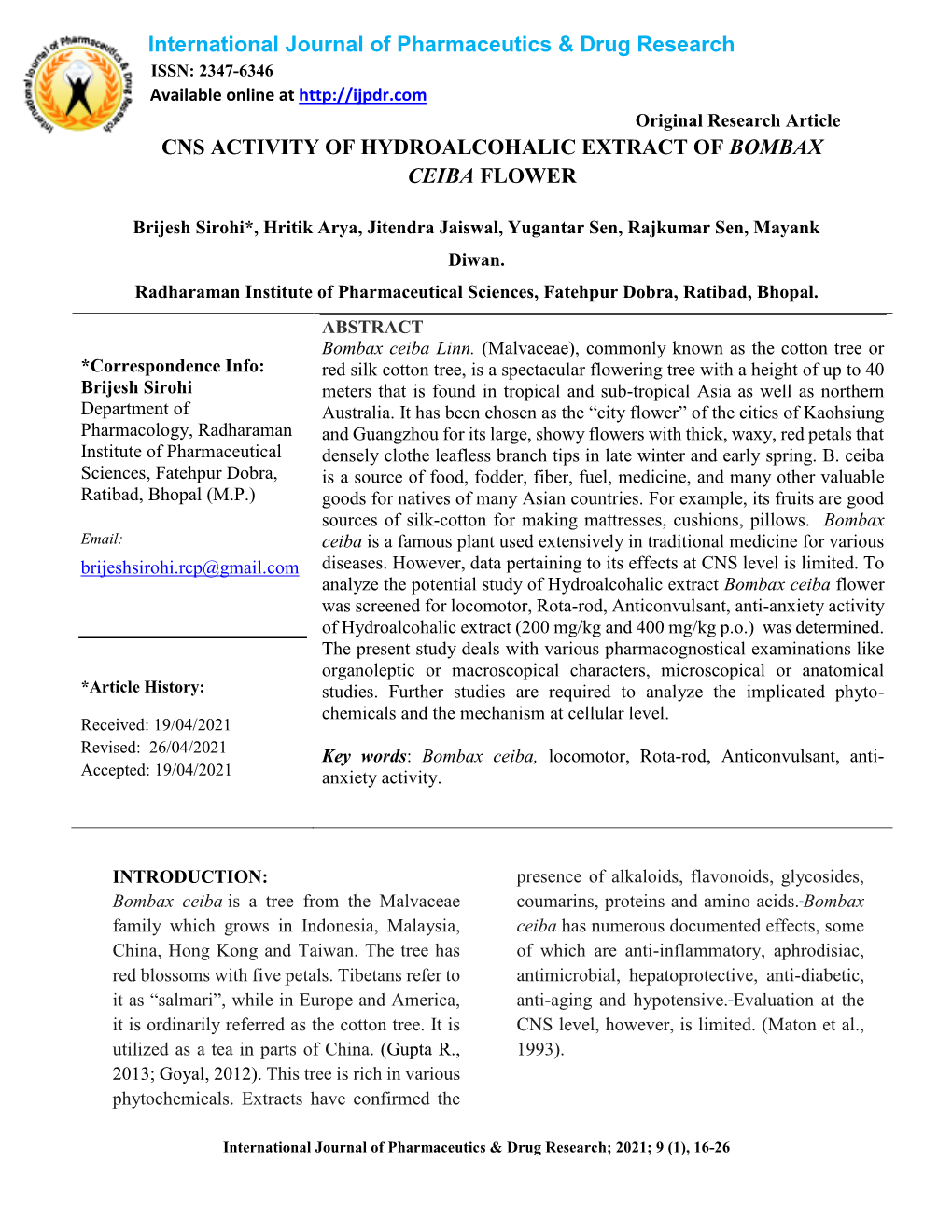 International Journal of Pharmaceutics & Drug Research CNS ACTIVITY