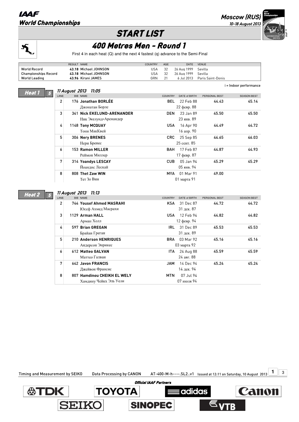 START LIST 400 Metres Men - Round 1 First 4 in Each Heat (Q) and the Next 4 Fastest (Q) Advance to the Semi-Final