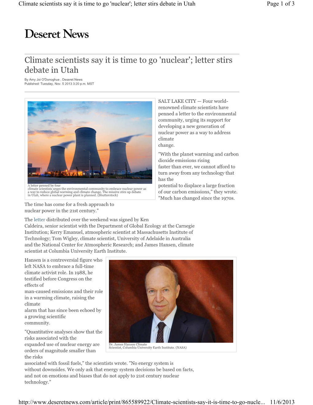 Climate Scientists Say It Is Time to Go 'Nuclear'; Letter Stirs Debate in Utah Page 1 of 3