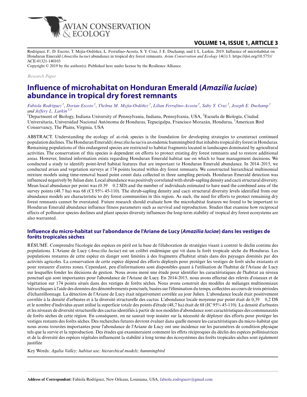 Influence of Microhabitat on Honduran Emerald (Amazilia Luciae) Abundance in Tropical Dry Forest Remnants