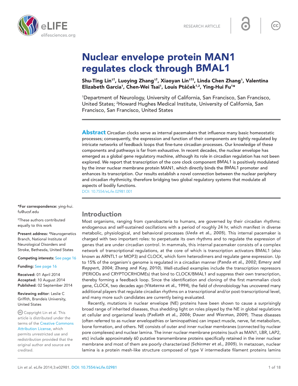 Nuclear Envelope Protein MAN1 Regulates Clock Through BMAL1