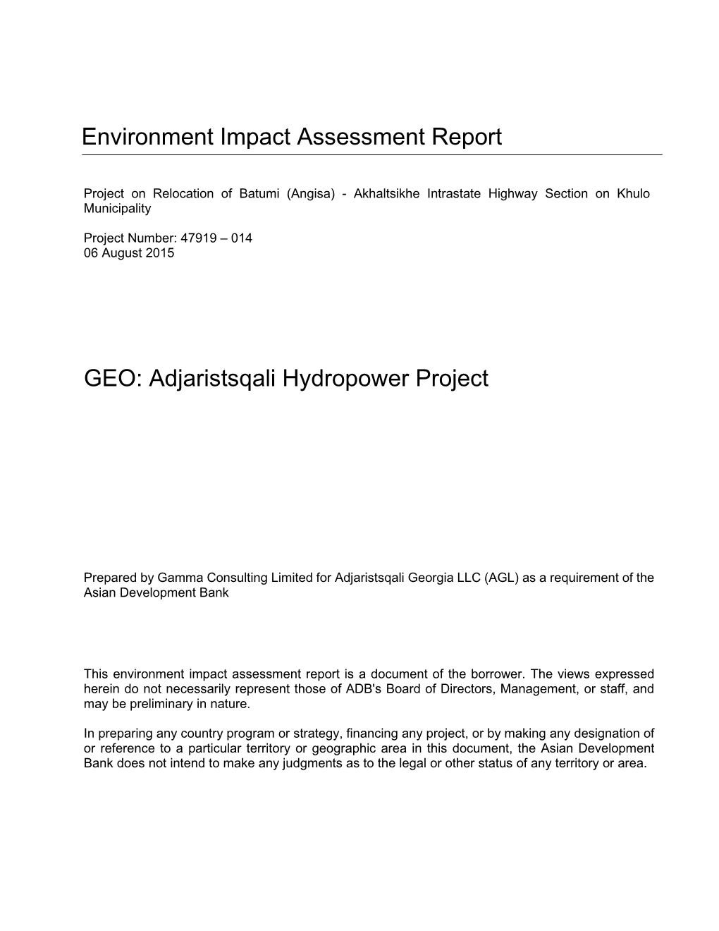 Environment Impact Assessment Report GEO: Adjaristsqali
