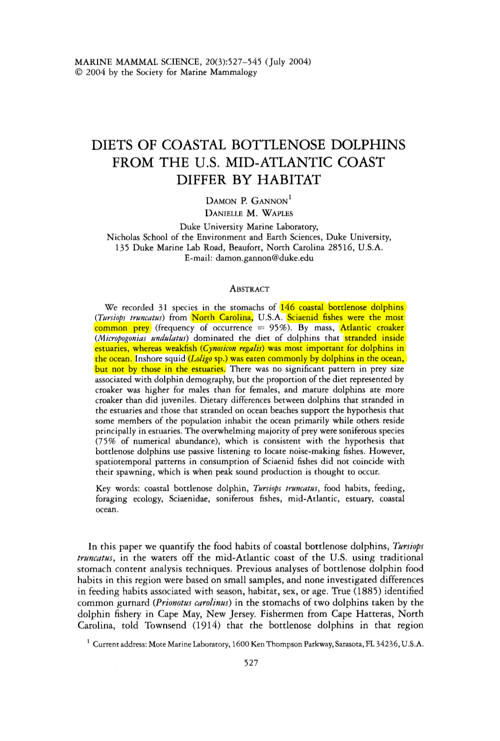 Diets of Coastal Bottlenose Dolphins from the U. S. Mid