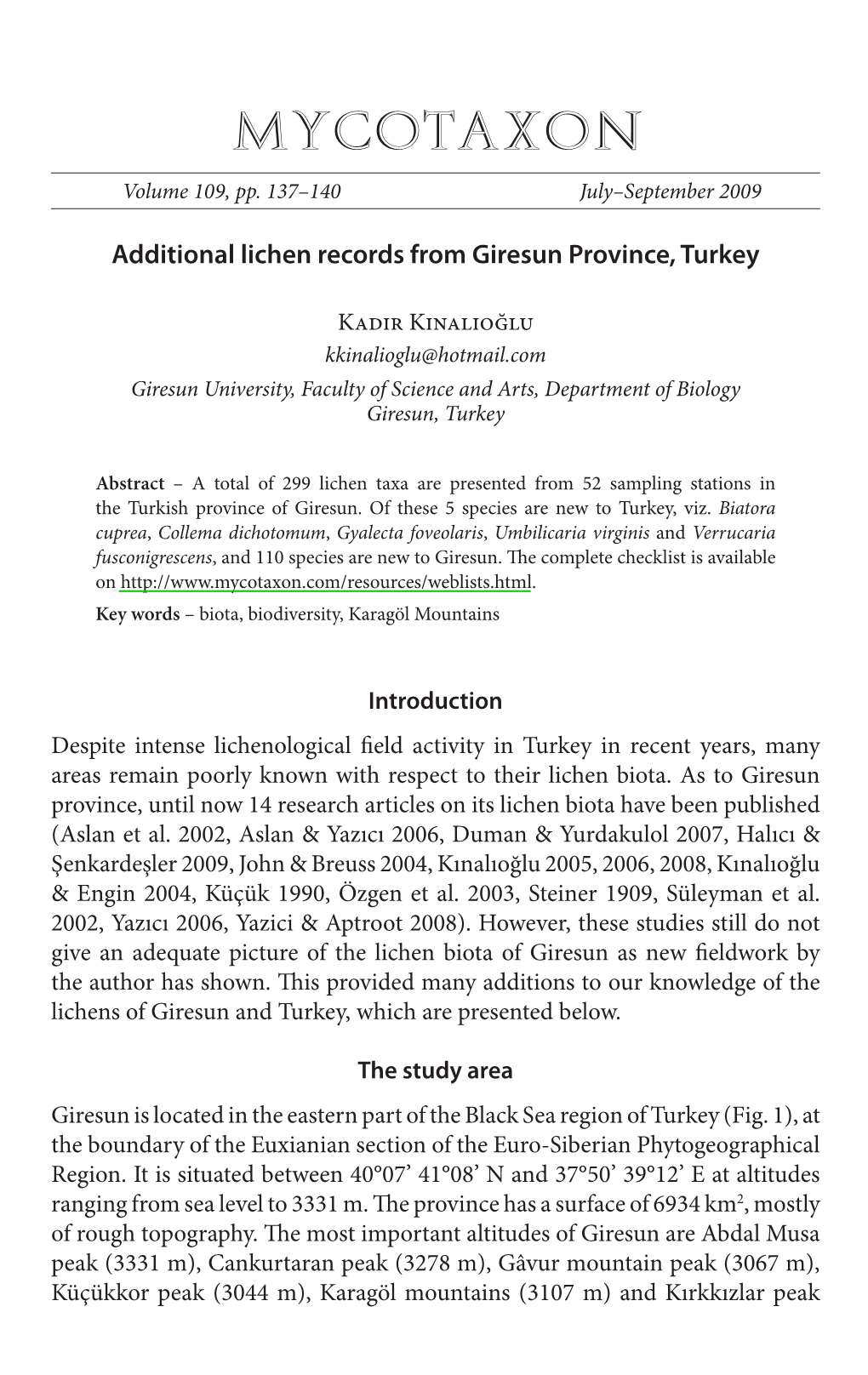 Additional Lichen Records from Giresun Province, Turkey