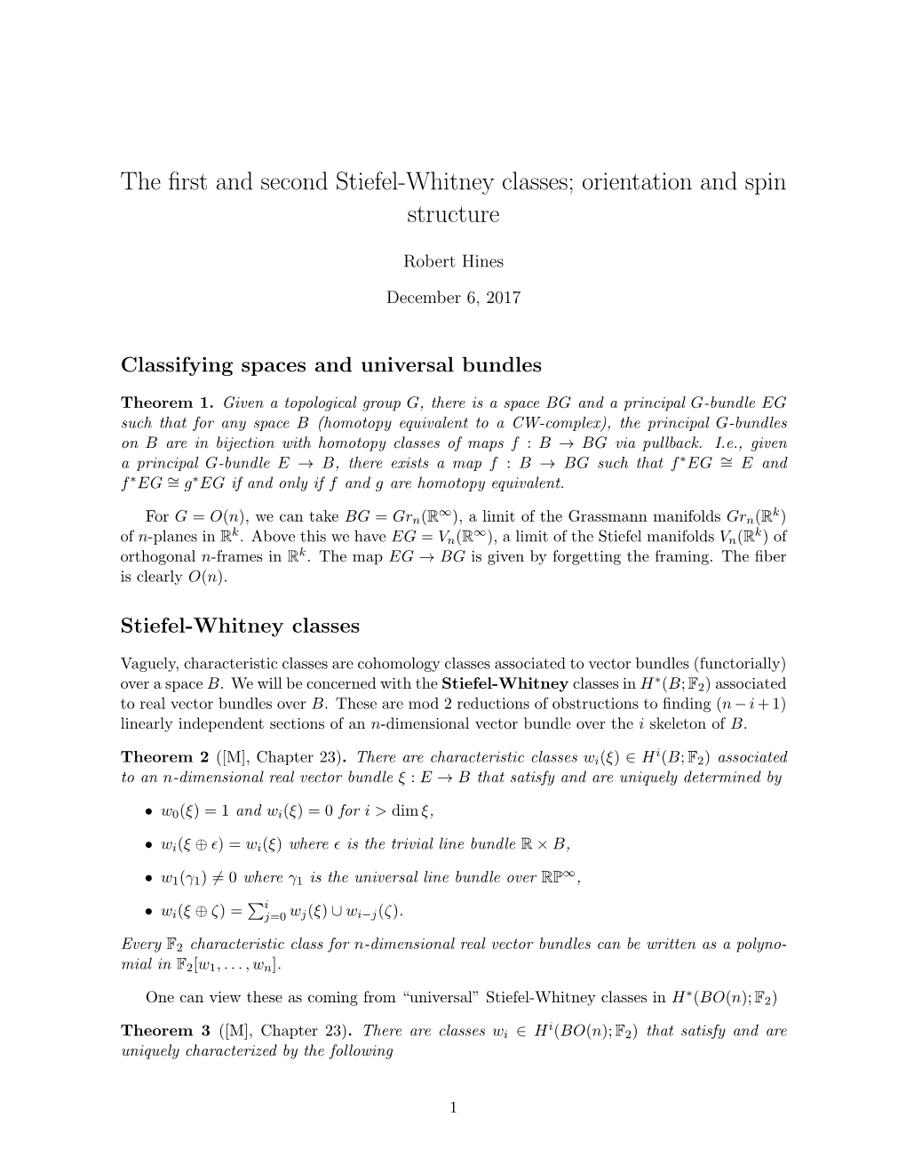 The First and Second Stiefel-Whitney Classes; Orientation and Spin Structure